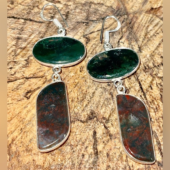 Mocha Stone Green Moss Agate Earrings 2” - Picture 2 of 6